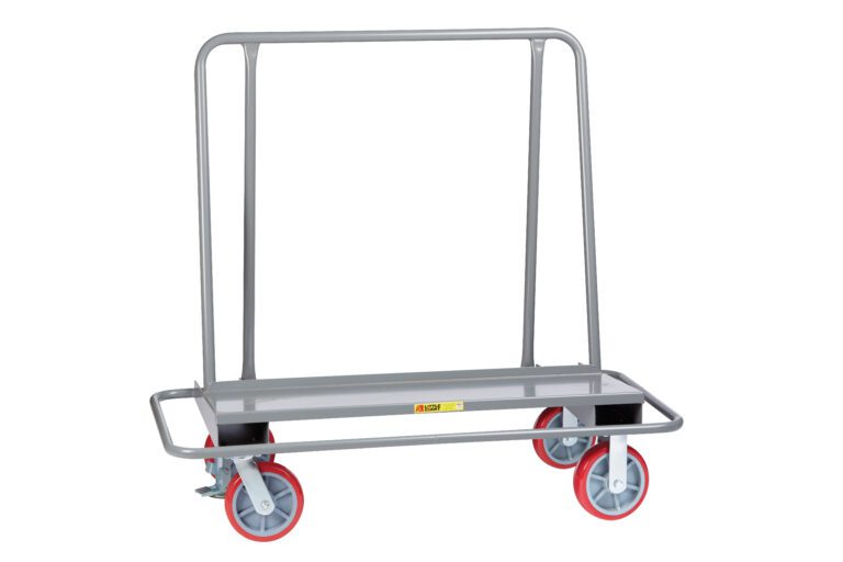 The Little Giant Drywall Cart with Steel Bumper Frame features a gray metal frame, red wheels, a rectangular base, and a vertical handle, making it ideal for smoothly transporting stacks of chairs against the plain white backdrop.