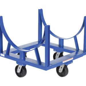 The Vestil Heavy Duty Cradle Cart 4K Lb, sized at 30.375 x 30.6875, is a blue steel drum dolly with four black caster wheels and a curved frame to easily secure large cylindrical objects for transportation, featuring sturdy metal bars and supports designed to handle up to 4000 lbs.