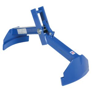 The Vestil Drum Clutcher 55-Gallon Steel Drum 1K is a blue mechanical lifting clamp for 55-gallon steel drums, featuring two curved arms and a sturdy central bar to lift up to 1,000 pounds. It adjusts easily with a bolt and is clearly labeled for quick identification.