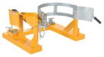 The Vestil Fork Truck Drum Carrier/Rotator 1500 Lb in yellow and silver boasts a handle and chains for secure barrel lifting, with a supportive frame and semi-circular clamp ensuring secure item holding.