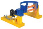 The Vestil Fork Truck Drum Carrier/Rotator 2000 Lb features a vibrant yellow and blue design with a circular metal frame, orange straps, a black pulley mechanism, and intricate metal parts for industrial or mechanical use.