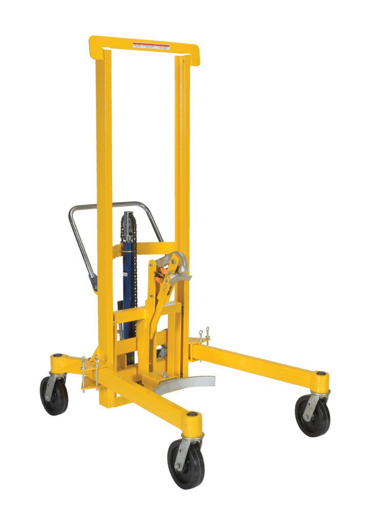 The Vestil Foot Pump Drum Transporter/Control 880, a yellow hydraulic pallet stacker, features four wheels, a handle, and a lifting mechanism. Its built for moving heavy loads with a sturdy frame and manual control lever for precision handling.
