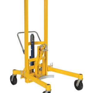 The Vestil Foot Pump Drum Transporter/Control 880, a yellow hydraulic pallet stacker, features four wheels, a handle, and a lifting mechanism. Its built for moving heavy loads with a sturdy frame and manual control lever for precision handling.