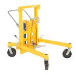 The Vestil Foot Pump Drum Transporter/Control 1500 features a yellow hydraulic design, four black wheels, and a metal handle, making it ideal for efficiently lifting and transporting drums in industrial settings.