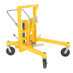 The Vestil Foot Pump Drum Transporter/Control 1500 features a yellow hydraulic design, four black wheels, and a metal handle, making it ideal for efficiently lifting and transporting drums in industrial settings.