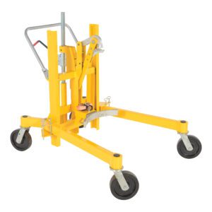 The Vestil Ratchet Drum Transporter/Controller 880 is a yellow hydraulic lifting device with four black wheels and an easy-to-steer handle, designed for moving heavy objects. Its sturdy metal frame ensures reliable support.