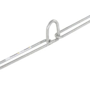 The Vestil Iron Style Drum Sling 1K Capacity is a metal tool with a U-shaped handle and parallel rods, used for gripping or clamping. It includes a label on one rod and appears to be made from durable steel or aluminum.