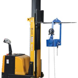A yellow industrial forklift with a black mast and blue chain, designed for the Vestil Drum Hoist Carrier/Rotator 1500 lb capacity task, has a comfortable seat and control handle, displayed against a plain white background.
