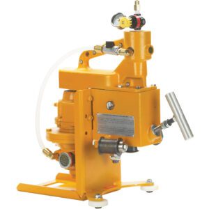 A small, yellow industrial pump similar to the Vestil Air Powered Drum Deheader 1-2 Pass, complete with multiple valves and knobs. It has a top handle, a solid base, a side metal lever, and a connected hose.