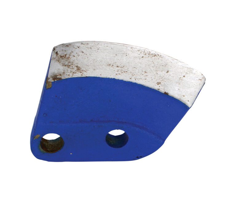 DDB-2_A.jpg A curved, sharp-edged Vestil Drum Deheader Blade for DD-10 features a blue painted section with two circular holes. The blade shows signs of wear, with visible rust spots on its metal surface.