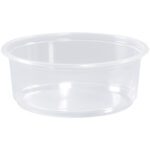 The MH-USA Deli Containers - 8 oz. (500/Case) are round, clear, and lidless plastic containers ideal for storing food or small items. Their sleek design contrasts beautifully with a plain white background.