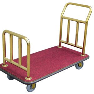 A hotel luggage cart has a red carpeted base, gold-colored metal frames on both ends, and four gray wheels, mirroring the elegance of the Vestil Deluxe Platform Cart 600 lb Capacity.