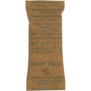 The small brown 1 x 2 1/2 x 1/4 Kraft Clay Desiccants - 5 Gallon Pail (1200/Case) packet features green DO NOT EAT text and is ideal for moisture control.