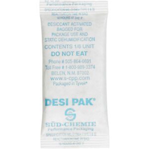 The 1 x 2 1/2 x 1/4 Tyvek® Clay Desiccants are white packets with blue brand details, contact info, and a DO NOT EAT warning. Designed for use in a 5-gallon pail, theyre sold in cases of 1200.