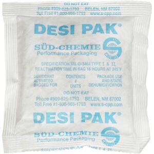 The 1 1/2 x 3 1/4 x 1/4 Tyvek® Clay Desiccants from Süd-Chemie are moisture-controlling packets with blue text, reactivation advice, and company info. Packed in a convenient size (5 Gallon Pail, 550/Case), they come with the warning: DO NOT EAT.