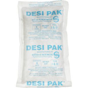 A white DESI PAK desiccant packet, sized 5 x 8 x 1 1/8 and made by Süd-Chemie from Tyvek®, is ideal for a 34 Gallon Drum (300/Drum), contains 8 units, marked DO NOT EAT, and includes manufacturer details and contact info.