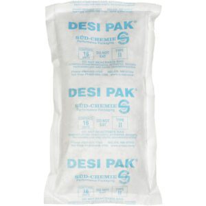 A small white packet labeled 5 3/4 x 10 x 1 1/2 Tyvek® Clay Desiccants, displaying Do not eat and Süd-Chemie details, often comes in a Type II collection of a 34-gallon drum containing 150 packets.