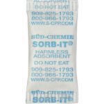 A white silica gel packet from MH-USA 5/8 x 1 9/32 Silica Gel Packets (6000/Case) is labeled SÜD-CHEMIE SORB-IT with Harmless Adsorbent, Do Not Eat in blue text, and includes two phone numbers and a website URL.
