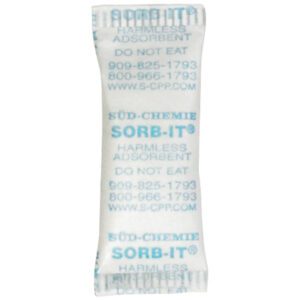A small white SORB-IT packet with Do Not Eat in blue, the MH-USA 7/8 x 1 1/2 silica gel absorbs moisture efficiently, features contact info and a website for details, and comes packaged as 5000 per case for durability and reliability.