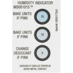 The MH-USA 2 x 3 5-10-15% Humidity Indicators feature circles labeled 15, 10, and 5 that advise to BAKE UNITS IF PINK or CHANGE DESICCANT IF PINK. There’s a note to discard if circles overrun and avoid metal contact. It comes in cases of 125.