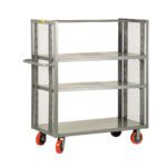 The Little Giant 2-Sided Adjustable Shelf Truck is a versatile cart with three shelves, mesh sides, four red caster wheels, and a convenient handle, making it ideal for industrial or warehouse use.