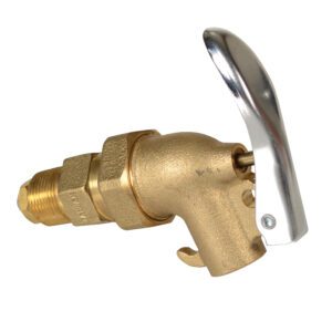 The Vestil Drum Faucet Adjustable Brass 3/4 Bung features a chrome lever handle and an adjustable design, ensuring effortless water flow control for various applications.