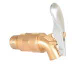 The Vestil Drum Faucet Brass-Plated Alum 3/4 Bung features a brass-plated spigot with a silver lever handle for precise liquid control, and its threaded 3/4 bung ensures secure attachment for diverse applications.
