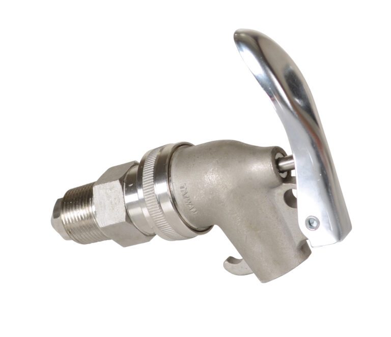 A stainless steel 3/4 bung beer keg coupler with a silver lever handle for tapping kegs and connecting to lines rivals the precision of a Vestil Drum Faucet. Its threaded body ensures secure attachment like the Vestil design.