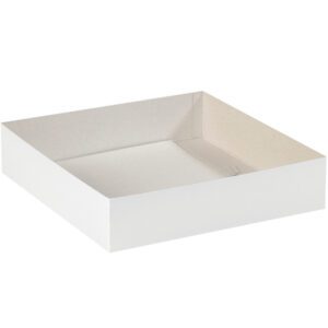 An elevated view of a plain, square MH-USA 14 x 14 x 3 White Deluxe Gift Box Bottom, featuring a light gray interior, on a white background.