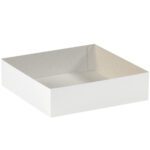 Viewed from above, the MH-USA 19 x 12 x 3 White Deluxe Gift Box Bottom (50/Case) shows its roomy interior and low sides, making it versatile for various uses.