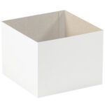 An angled view of a plain MH-USA 8 x 8 x 6 white deluxe gift box bottom reveals its square base, tall sides, and the uncoated, light brown cardboard interior.