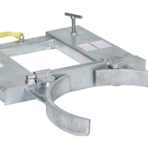 The Vestil Drum Gripper Galvanized Sngl 55 Gal 1.5K is a galvanized metal lifter with a rectangular frame and two curved arms to lift single 55-gallon drums up to 1.5K lbs. It features top adjustment screws and a yellow handle strap for maneuverability.