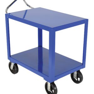 The Vestil Ergo Handle Cart has a blue metal design, two shelves, and durable 24x36 dimensions. It features smooth-rolling rubber casters on four black wheels and includes a convenient silver handle for easy maneuvering.