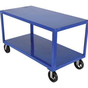 The Vestil Ergo Handle Cart Rubber Casters 30 X 60 features a sleek blue, two-tiered design with a sturdy rectangular metal frame and four black rubber casters, ideal for transporting or storing various items efficiently.