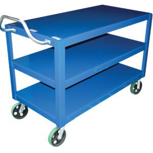The Vestil Heavy Duty Ergo Handle Cart 3Shelf 24X48 features a blue finish, three spacious shelves, and sturdy wheels. It measures 24x48 inches with a left-side handle and is displayed against a white background.