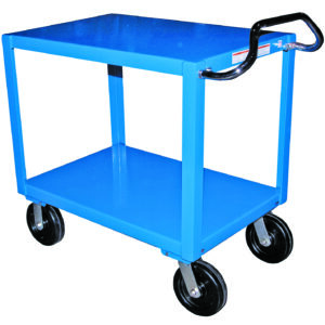 The Vestil Heavy Duty Ergo Handle Cart 2Shelf 24X60 boasts a blue two-tiered design with black wheels, perfect for transporting items. Its sturdy metal frame and spacious shelves are supported by four smooth-rolling wheels, ensuring easy maneuverability.