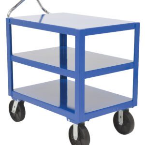 The Vestil Heavy Duty Ergo Handle Cart 3Shelf 24X72 features a blue three-shelf design with a metal handle and four robust wheels, perfect for efficiently transporting items in warehouses or workshops.