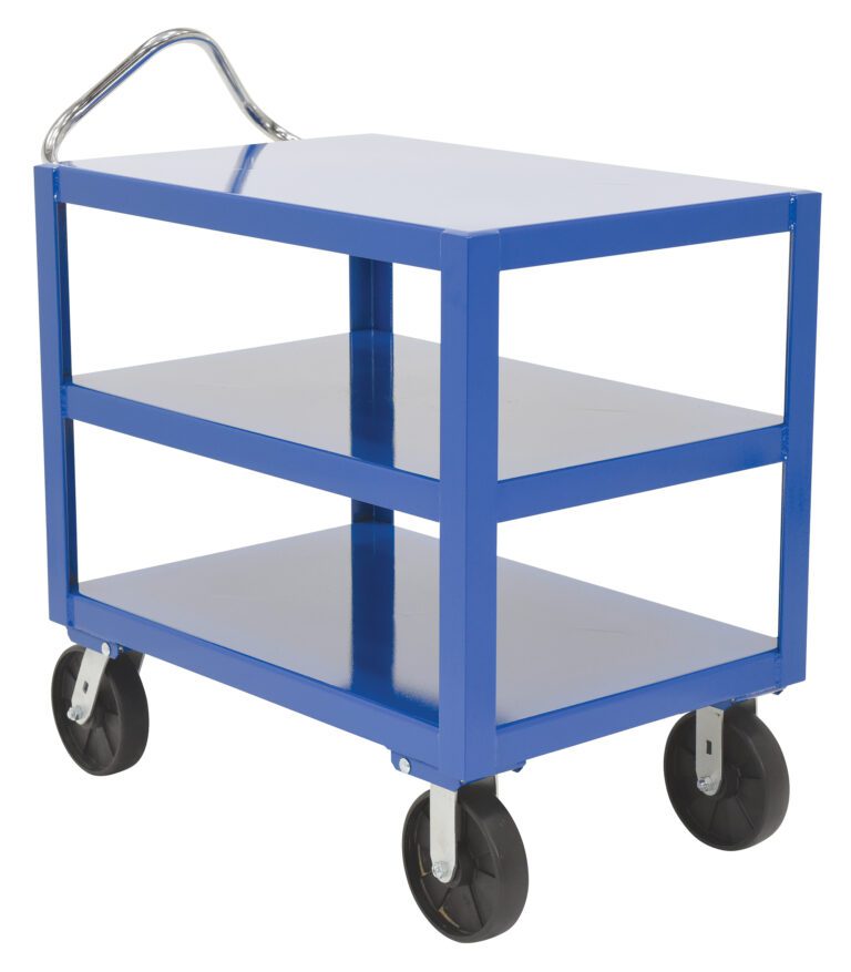 The Vestil Heavy Duty Ergo Handle Cart 3Shelf 34X48 is a blue, three-tier metal utility cart with a handle and four black wheels. Its glossy, simple design makes it perfect for effortless transportation or organization of items.