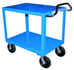 The Vestil Heavy Duty Ergo Handle Cart 34X72 is a blue, two-tier utility cart featuring a sleek black handle and four large wheels, designed for easy item transport and maneuverability.
