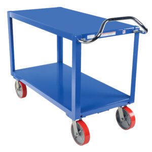 The Vestil Ergo Handle Cart Poly Casters 3.6K 24X48, a blue utility cart, has two shelves and a handlebar. It features four red poly casters for smooth rolling, including two fixed and two swivel castors for easy maneuverability.