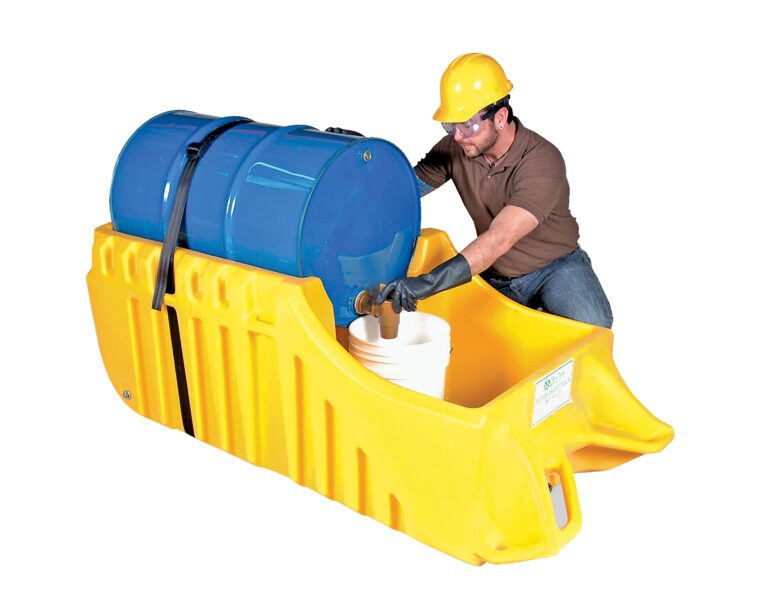 DHDC-66_A.jpg A worker in a hard hat and gloves uses the Vestil Drum Truck Dispensing & Containment Unit to handle a blue drum on a yellow spill containment pallet, pouring liquid into a white bucket while kneeling.