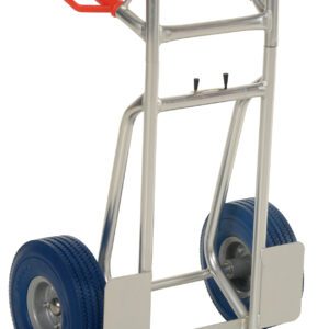 The Vestil Fold-Down Aluminum Hand Truck-Blue Ureth has red handles, two large blue urethane wheels, a lightweight aluminum frame, and a sturdy base plate, ideal for efficient item transport.