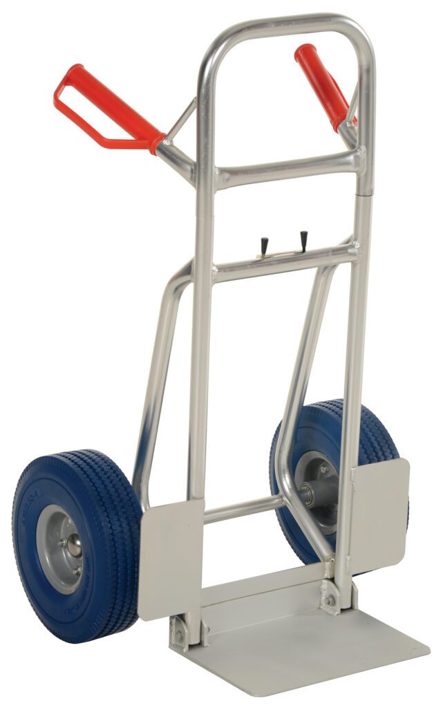 The Vestil Fold-Down Aluminum Hand Truck-Blue Ureth has red handles, two large blue urethane wheels, a lightweight aluminum frame, and a sturdy base plate, ideal for efficient item transport.