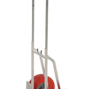 The Vestil Fold-Down Aluminum Hand Truck-Red Ureth features a silver construction with red urethane handles and tires. Its sturdy metal frame and flat loading platform make it ideal for transporting heavy items efficiently.