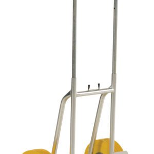 The Vestil Fold-Down Aluminum Hand Truck-Yel Ureth stands upright, highlighting its metallic sheen and red handles, complemented by yellow urethane wheels on a tall frame and flat base for easy item transport.