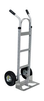 The Vestil 2 Handle Alum Hand Truck Pnu Alum Plate features a sleek silver design with sturdy black handles, two black rubber wheels, and a flat base for easy lifting. Its aluminum frame is reinforced by three crossbars for added durability, ensuring reliable heavy item transport.