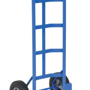 The Vestil Steel Dual Handle Hand Truck H.R. Wheels boasts a durable metal frame, H.R. Wheels for smooth transport, and a blue design with black textured grips and an extended flat base plate for efficient heavy load movement.