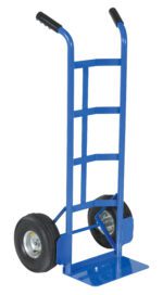 The Vestil Steel Dual Handle Hand Truck Pn Wheel features a blue metal frame with black handles and two sturdy black rubber wheels, perfect for moving heavy items. It has a flat base to facilitate lifting and transporting objects effortlessly.