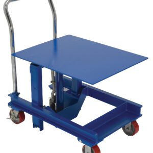 The Vestil Ergo Manual Die Table 36 In is a blue scissor lift cart with a metal handle and four red wheels, featuring a flat platform that elevates above the base for easy lifting and transporting of heavy items in industrial settings.