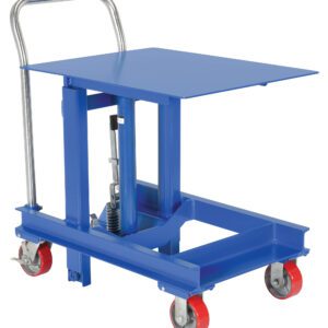 The Vestil Ergo Manual Die Table 48 In is a blue hydraulic lift table cart with a flat surface, chrome handle, and four red caster wheels, offering easy height adjustment and seamless mobility.